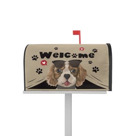 Mailbox Cover Farm Dog Sunglasses Footprints on Khaki Mailbox Covers Magnetic Standard Size,Post Box Cover for Outdoor Garden Yard Patio,Funny Animal Welcome Text Mailbox Wraps Mailbox Decals 21x18in