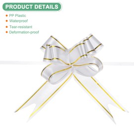 M METERXITY 200-Pack Ribbon Pull Bows, 3.74 Inch / 9.5cm Plastic Gold Edge Ribbon Bows for Gift Wrapping/Wedding/Flowers/Baskets Decorations, Satin Pull Bows [White Gift Bow]