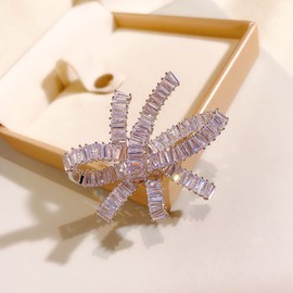 CYPINA Glitter Designer Baguette Cut CZ Loop Ribbon Bow Brooch Pin Wedding Bridesmaid Guest Accessory