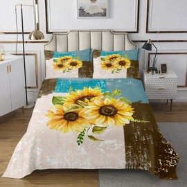 Feelyou Abstract Quilted Coverlet Sunflowers Yellow Flroral Bedspread for Boys Girls Children Grey Blue Brown Modern Abstract Art Coverlet Set Room Decor King Size Quilted 3Pcs