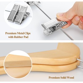 TOPIA HANGER Wooden Suit Hangers with Adjustable Metal Clips (20 Pack), Solid Smooth Wood Clothes Hangers, 360° Swivel Hook, Premium Pants Hangers for Clothes Coat, Jeans, Blouse-Natural, CT28N20