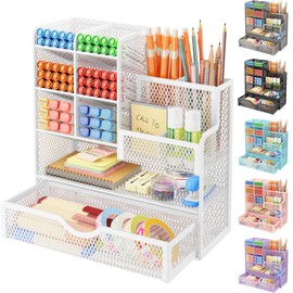 VITVITI Mesh Desk Organizer with Drawer Desk Tidy Desktop Stationary Organiser Desk Tidy Organiser Storage Multifunctional Metal Mesh Pen Pencil Holder Pen Pot Desk Home School Office Accessories