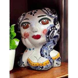 Handcrafted 7-Inch Talavera Head Face Planter | Vibrant Indoor & Outdoor Decorative