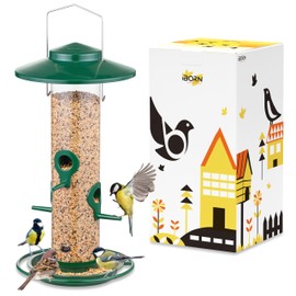 iBorn Outdoor Bird Feeder - Metal Bird Feeder for Cardinal Birds, 2 lbs (approx. 900 g) Feeding Capacity, 17 cm Large Roof and Feeding Plate, 4 Feeding Openings, Green