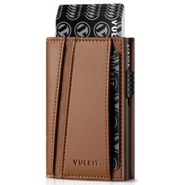 VULKIT Pop Up Card Holder Minimalist Wallet Metal Card Case RFID Blocking With Coin Pocket And Key Hole For Men, Brown, Minimalist