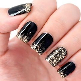 24Pcs Black Press on Nails Square Short Glue on Nails Full Cover Fake Nails Women Nail Press ons with Gold Glitter Designs Acrylic Solid Color Stick on Nails Glossy Artificial Nails
