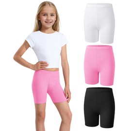 Somaibo 3 Pack Girls Bike Shorts Kids Cotton Cartwheel Athletic Gymnastics Shorts for Running Dance 9-10 Years Black White Pink