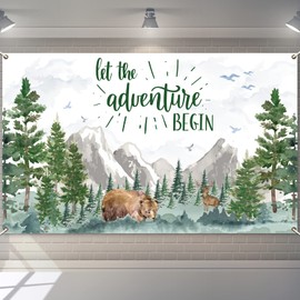 Adventure Awaits Baby Shower Backdrop Decorations, Pine Tree Mountain Wilderness Woodland Animals Background Banner Let The Adventure Begin Party Favor Supplies Photo Booth Props