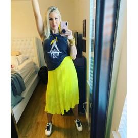 GOOBGS Women's Pleated A-Line High Waist Swing Flare Midi Skirt Yellow Large/X-Large