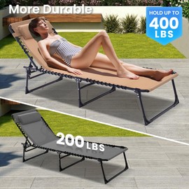 Foristrail Folding Chaise Lounge Chair 2 Pack - 400lb Capacity, 5-Position Adjustable Recliner with Pillow | Portable for Patio, Pool, Camping & Sunbathing (Beige)​