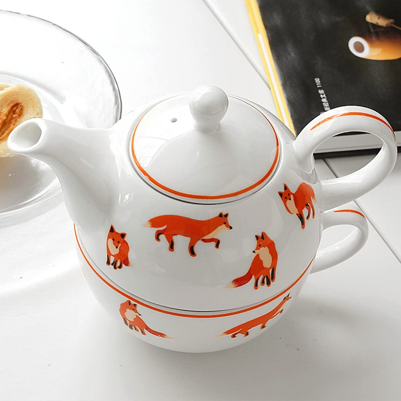 Bicuzat Orange Fox Pattern Tea Set, Ceramic Teapot, Cup &