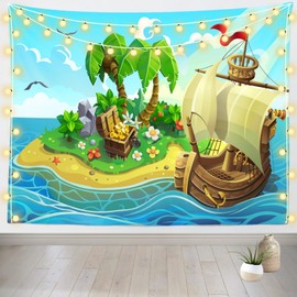Loccor Cartoon Pirate Ship Tapestry Vintage Wooden Viking Ship Tropical Island Palms and Treasure Chest Tapestry for Kids Birthday Party Decor Home Bedroom Living Room Decor 60''x40''