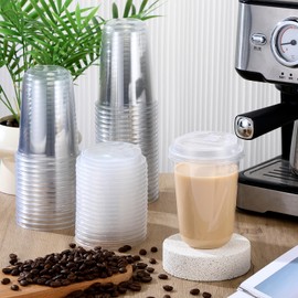 Baderke 100 Sets 16oz Disposable Crystal Clear Plastic Cups With Lids, Round Bottom Iced Coffee Cups With Lid for Smoothie, Cold Beverages, Drinking Tumblers, Cold Drinks for Party, Wedding, Event