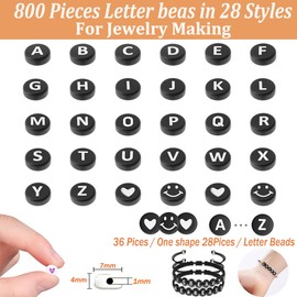 800 Pcs Letter Beads for Bracelet Making Kit,28 Styles Alphabet Beads for Friendship Bracelet Beads 7mm Beads for DIY Arts Earring, Jewelry and Crafts Making (White Letter Black Bead)