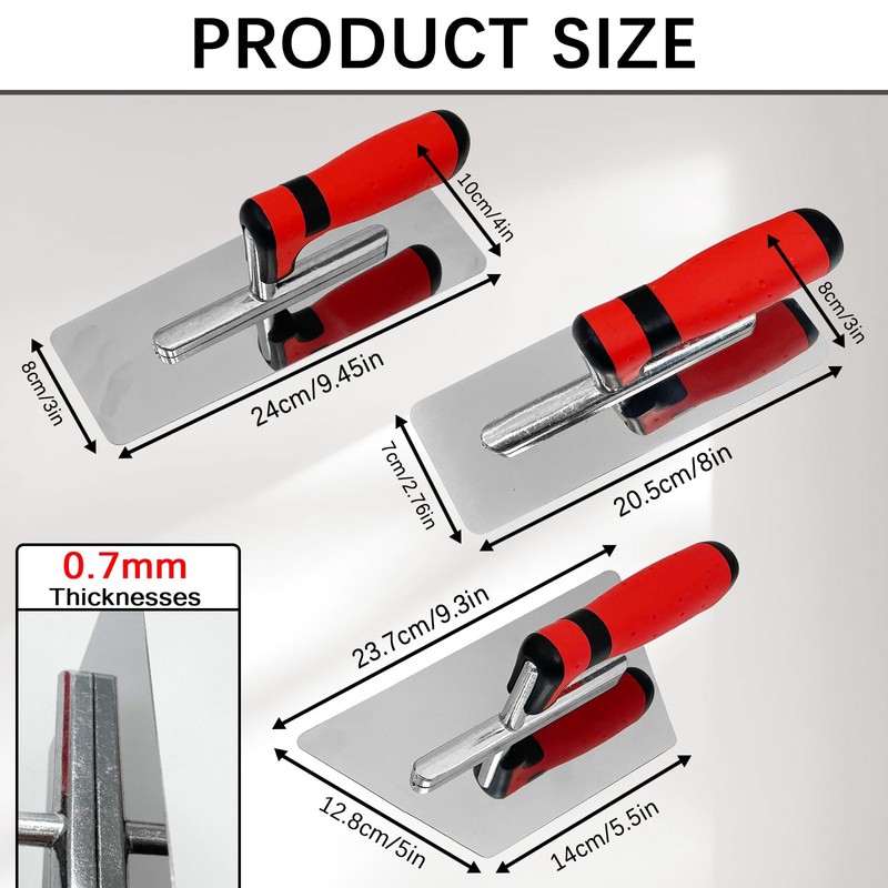 3 Pack Plaster Finishing Trowel Set, Polished Stainless Steel Paint