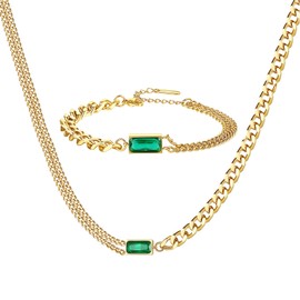 OIDEA Women's Cuban Necklace Bracelet: Set of 2 Chain & Bracelet Made of Stainless Steel Gold-Plated with Zirconia Green Simple Modern Elegance Jewellery Gift for Women Mother Daughter Girlfriend,