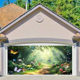 Jipusai Green Spring Enchanted Forest Garage Door Decorations Cover, Butterfly Flower Mushroom Fairytale Wonderland Garage Door Banner Backdrop, Garden Fairy Tea Party Decor Banner Cover, 13X6FT