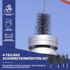 Stove Pipe Brush Set of 4 with 30/50/80/150 mm Brushes, Includes 1 m Steel Wire & Push Rod - Chimney Brush for Fireplace, Stove Pipe & Flue Pipe Cleaning