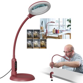 10X Magnifying Glass with Light and Stand, LED 5 Color Modes, Brightness Stepless Dimming Lighted Magnifier Hands Free, Flexible Gooseneck Desk Lamp with Clamp for Close Works, Crafts, Hobby - Red