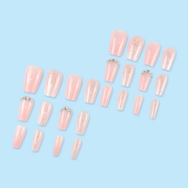 Pink Press on Nails Medium Coffin BABALAL False Nails Sparkly Acrylic Fake Nails Press Ons with Glitter Rhinestones Design Glue on Nails Ballerina Nails Gradient Stick on Nails for Women Girls 24Pcs