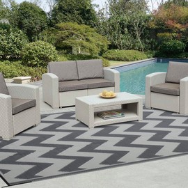 Easy-Going Reversible Outdoor Rugs 9x12ft Waterproof Plastic Straw Rug Stain & UV Resistant Floor Mat for Patio Porch RV Backyard Pool Deck Picnic Beach Trailer Camping (Waved Grey & Light Grey)