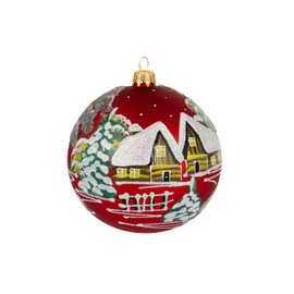 Polish Gallery Christmas Ornament Countryside Church and Log Houses Landscape Blown Glass Ball Red Matte 5-inch Ø / 120mm