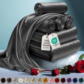 DECOLURE Satin Sheets Set King 6pcs - Luxury Silk Feel Satin Sheets King - Elegant Silky Soft King Size Satin Bed Sheets Hypoallergenic Wrinkle-Free Satin Sheets with Deep Pocket (Stone Grey)