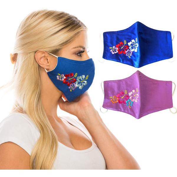 unik Special Edition Large Cloth Face Covering with Hawaiian Hibiscus Flowers Embroidered on The Side, Filter Pocket,2 Pack, Washable and Reusable (Lilac & Royal Blue) Large Size