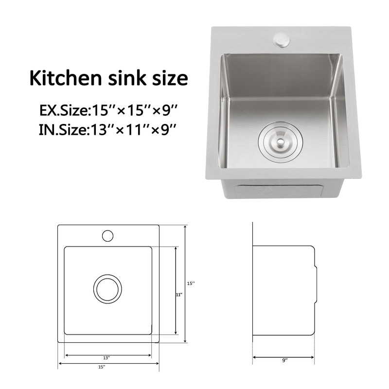 Hotis 15x15 Inch Drop In Bar Sink, Brushed Nickel Stainless