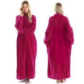 Oksun Womens Plus Size Fleece Dressing Gown Soft Bathrobe Full Length with Zipper , Rose Red, UK14-20(label XL)