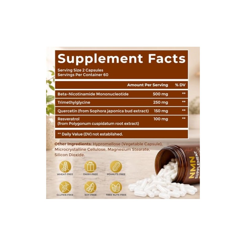 NMN 1000 mg Nicotinamide Mononucleotido con Resveratrol Quecertin TMG Liposomal