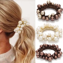 Reaky Pearl Hair Band, Beads, Hair Scrunchy, Rhinestone Ponytail Holder, Pack of 3, Elastic Hair Band, Hair Accessories for Women (White, Brown, White, Chestnut)