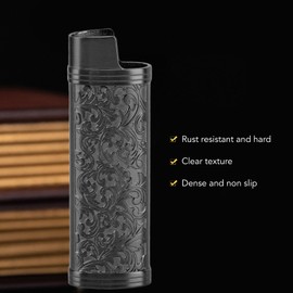 Metal Lighter Case Cover Holder, Vintage Floral Stamped Lighter Sleeve with Zinc Alloy Construction for Lighter (Black)