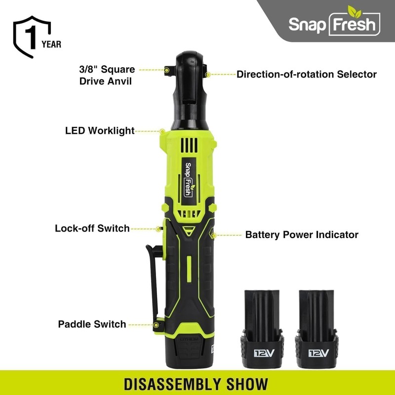 SnapFresh Cordless Electric Ratchet Wrench – 55 ft-lbs Torque, 12V