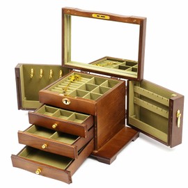 Jewelry Box with Key Lock, 4-Layer Large Organizer Box with Mirror and 2 Swing-out Cabinets, Soft Velvet Lining, for Rings Earrings Necklaces Wooden Storage Box (Brown)