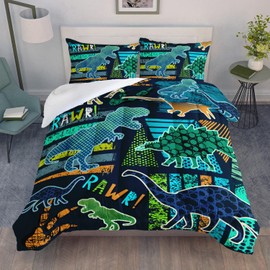 AILONEN Dinosaur Print Bedding Set Twin Size Retro Green Dinosaur Silhouette Pattern Comforter Set for Kids Teens Boys Girls Soft Breathable Duvet Set 3 Pieces, 1 Comforter and 2 Pillowcases