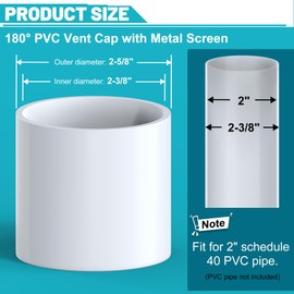 PVC Vent Cap, Termination Cap with Stainless Steel Screen for 2" PVC Pipe Schedule 40, 1 PCS, 180 Degree Furnace & Roof Vent Cover, Exhaust Pipe Cover