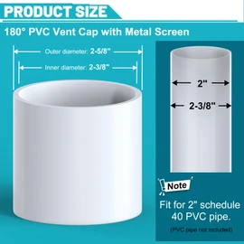 PVC Vent Cap, Termination Cap with Stainless Steel Screen for 2" PVC Pipe Schedule 40, 1 PCS, 180 Degree Furnace & Roof Vent Cover, Exhaust Pipe Cover