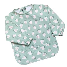 Bibbilyboo Waterproof Long Sleeve Feeding Coverall - Baby Weaning Bib - 6-18 Months - Coverall for Baby - Easy Clean - Crumb Catcher Pocket - Size Adjustable (Strawberry)