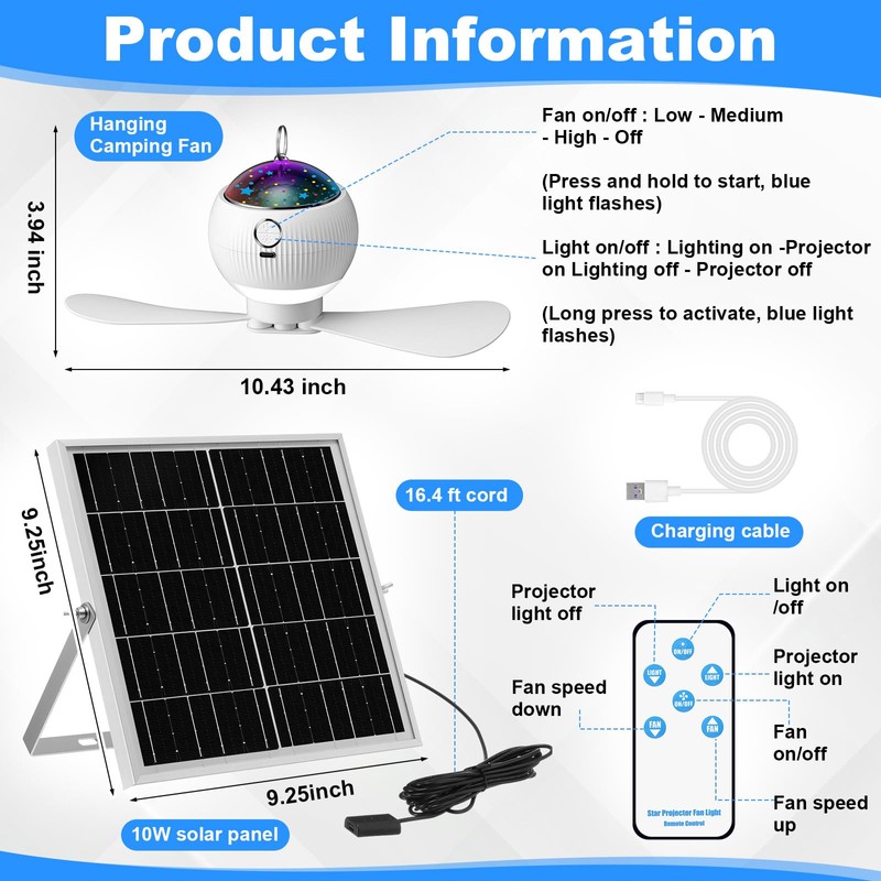Aurelema 1 Set Solar Powered Ceiling Fan with Light for