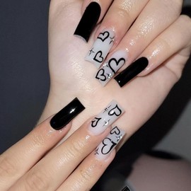 24Pcs Valentine's Day Press on Nails Medium Square, Love Press on Glossy Black White Fake Nails with Rhinestone Heart Star Design,Reusable Artificial False Nails Stick on Nails Valentine's for Women