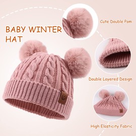 Winter Knitted Hat Glove Scarf Set Boys Snow Hats with Thick Fleece Warm Kids Beanie Mittens Neck Warmer for Children (Skin Pink-NEW)
