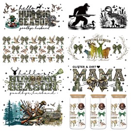 Hunting UV DTF Cup Wrap - 8 Sheets Hunting Season UV DTF Cup Wraps for 16 oz Glass Cups Water Bottle, Duck Deer Camouflage Old Camo Mama Bow Transfers Stickers, Waterproof Uvdtf Decals Crafts Gifts