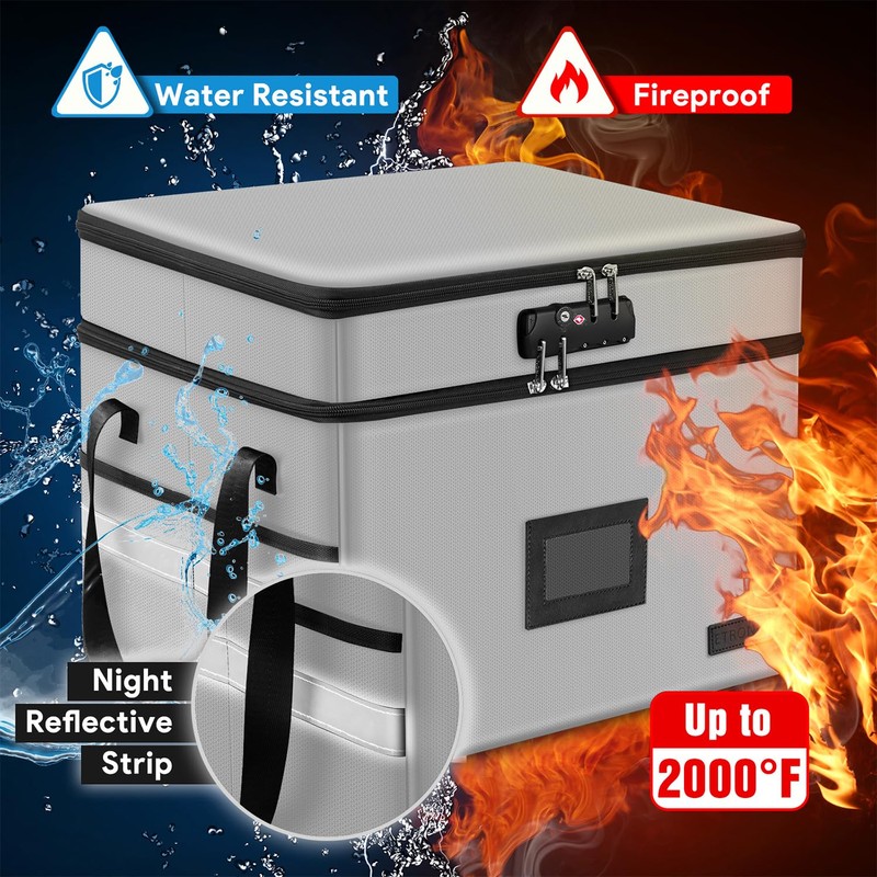 Fireproof Document Box with Lock, 2-Layer File Box Storage Organizer