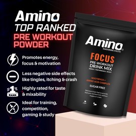 Amino Focus - Pre Workout Powder - 8000mg Nootropics with Caffeine, Creatine & Amino Acids - Preworkout Drink Men & Women - Sugar Free & Suitable for Vegans (Orange, 44 Servings)