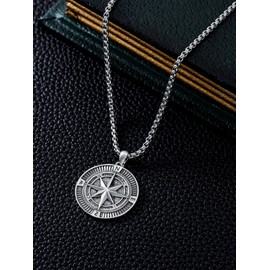 Shusukue Compass Chain 925 Sterling Silver Compass Pendant Necklace Oxidised Black Chain Compass Jewellery Gift for Men Boys, Sterling Silver