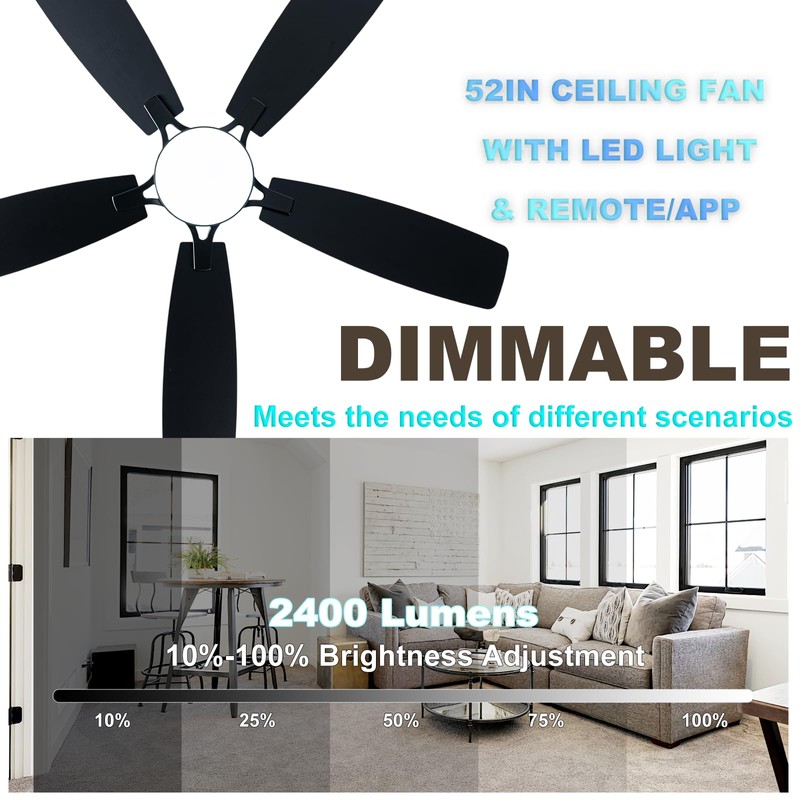 52in Black Ceiling Fan with Light, Flush Mount, Remote APP