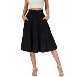BERYDRESS Womens Black Midi Skirt with Pockets High Waisted Casual Summer Flowy A Line Boho Frilly Ruffle Tiered Midi Skirts(M,6280-Black)