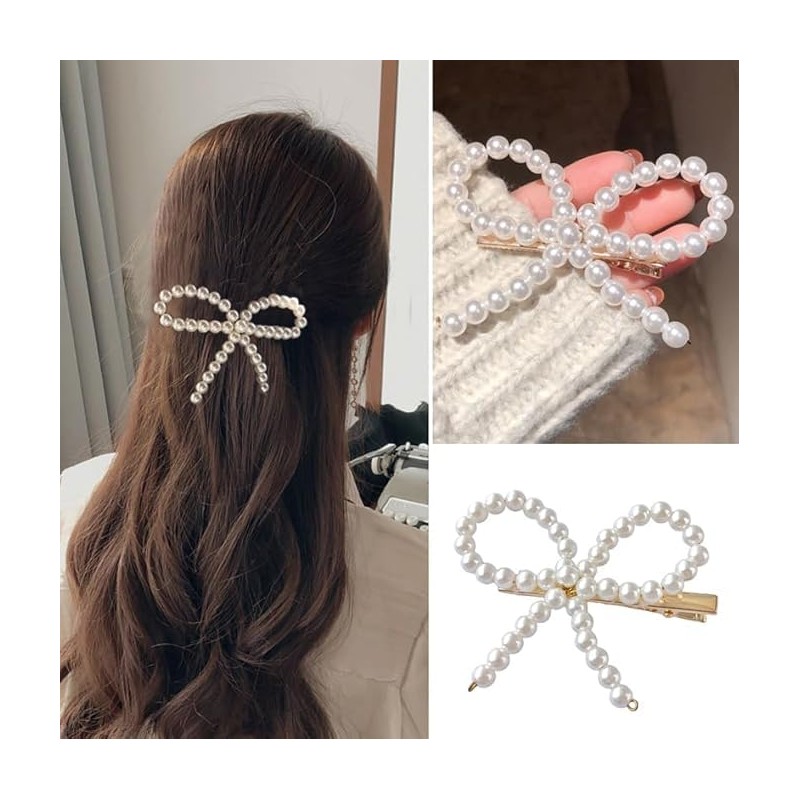 2Pcs Elegant Pearl Bow Hair Clip White Pearl Bow Duckbill