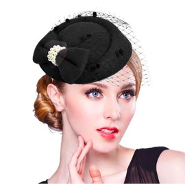 Women Pillbox Hat Pearl Bow Fascinator Hat Headwear with Mesh Veil for Wedding Tea Party Church and Short Opera Satin Gloves (Black)